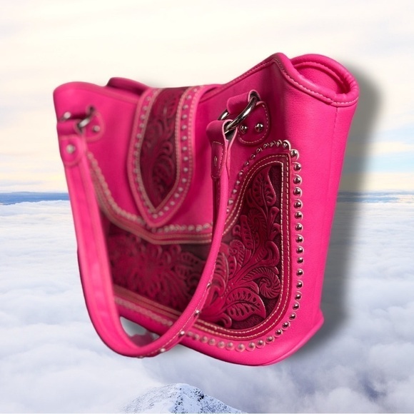 Nwot Montana West Tooled Concealed Handgun Studded Satchel Purse Pink - Picture 4 of 15